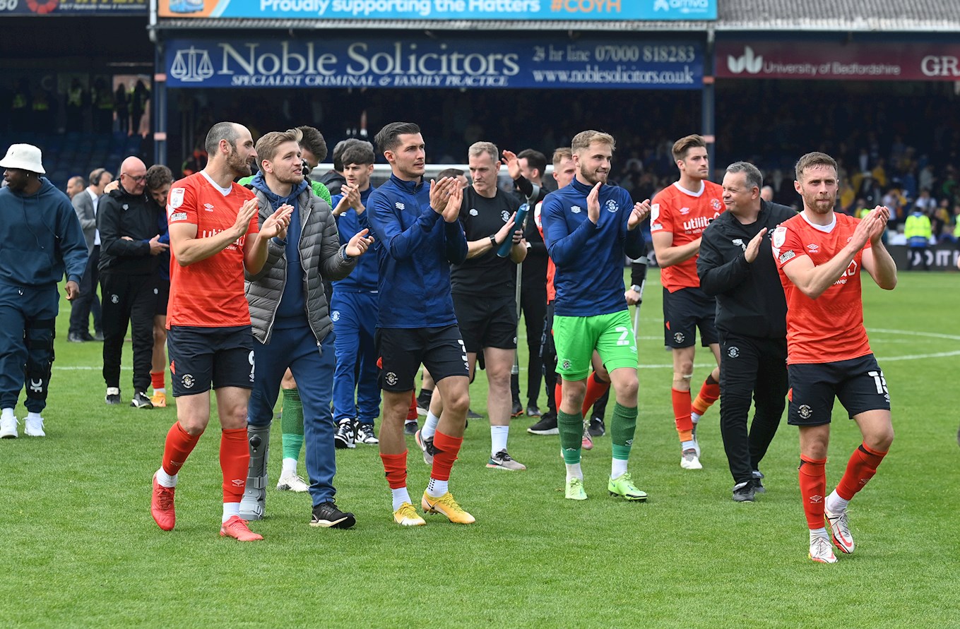 Jordan Clark and the Hatters squad on a lap of honour after the final home game of the 2021-22 season when they qualified for the play-offs