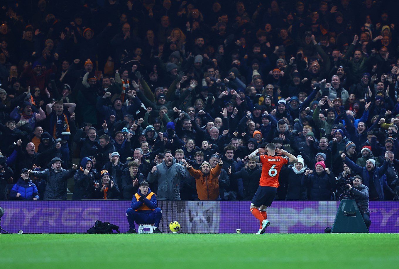 Ross Barkley celebrating in-front of the Luton Town fans after his goal against Arsenal.