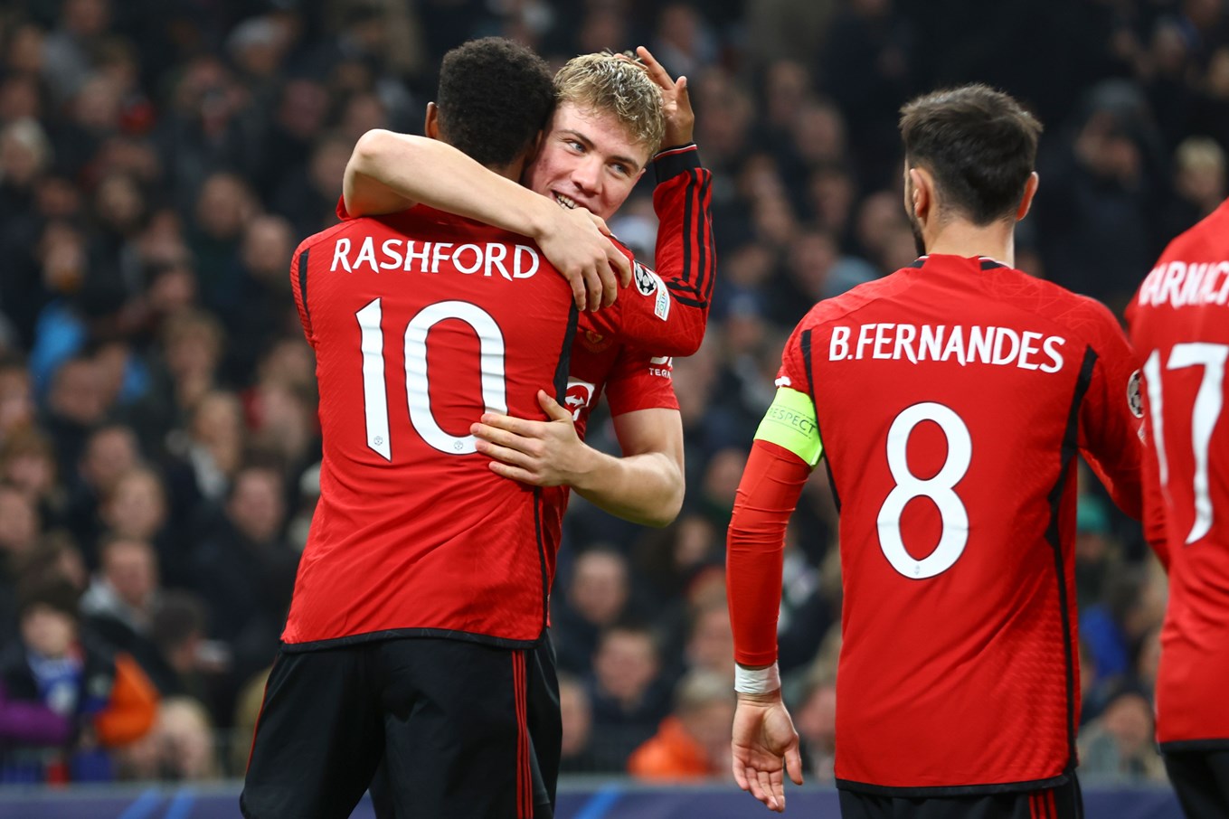Rasmus Højlund celebrating his first goal against FC Copenhagen with his Man United teammates.