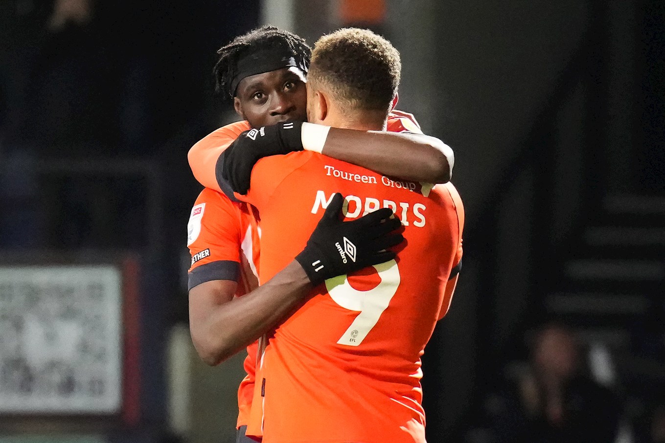 Carlton Morris and Elijah Adebayo celebrate the former's penalty against Middlesbrough