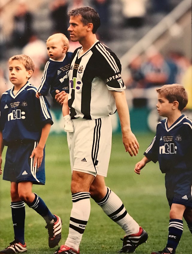 Then Newcastle midfielder Rob Lee walking out at St James Park with his three children - Luton players Olly and Elliot, with their sister Megan