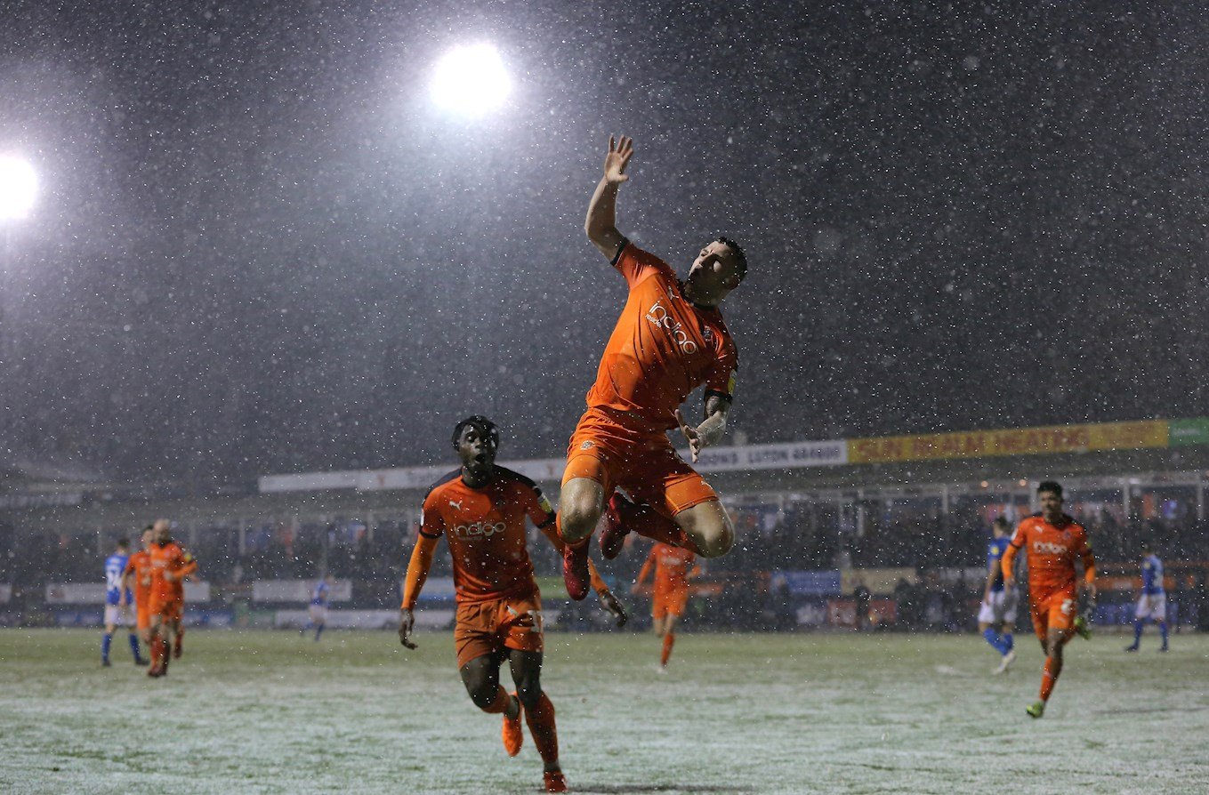 James Collins celebrates his goal in the win over Portsmouth on a snowy night in January 2019