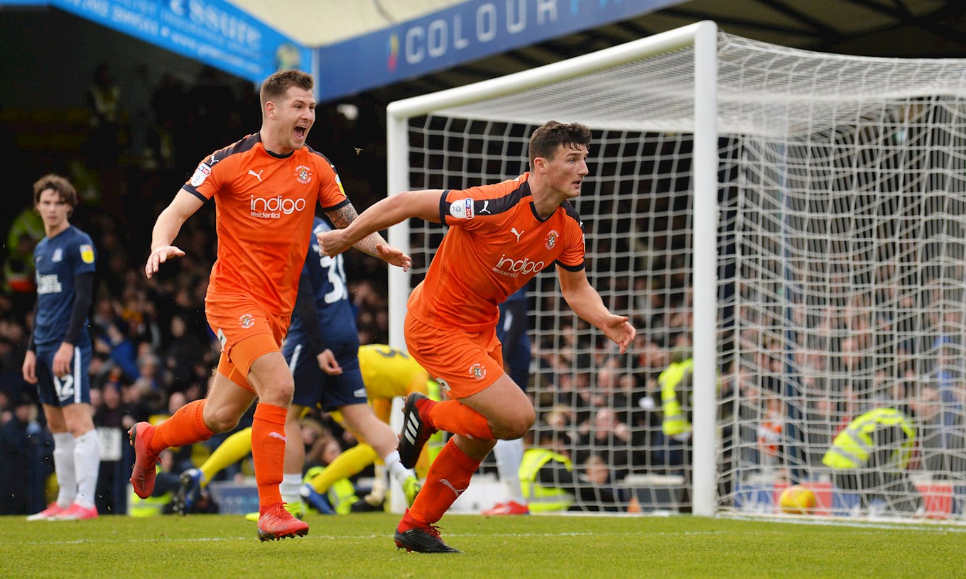 Matty Pearson celebrates his winning goal at Southend that took the Hatters top of League One in January 2019