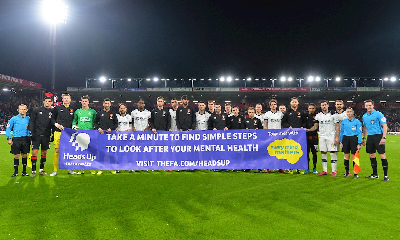 Luton Town and Bournemouth players come together to support the Heads Up, Take A Minute campaign before the FA Cup third round tie in January