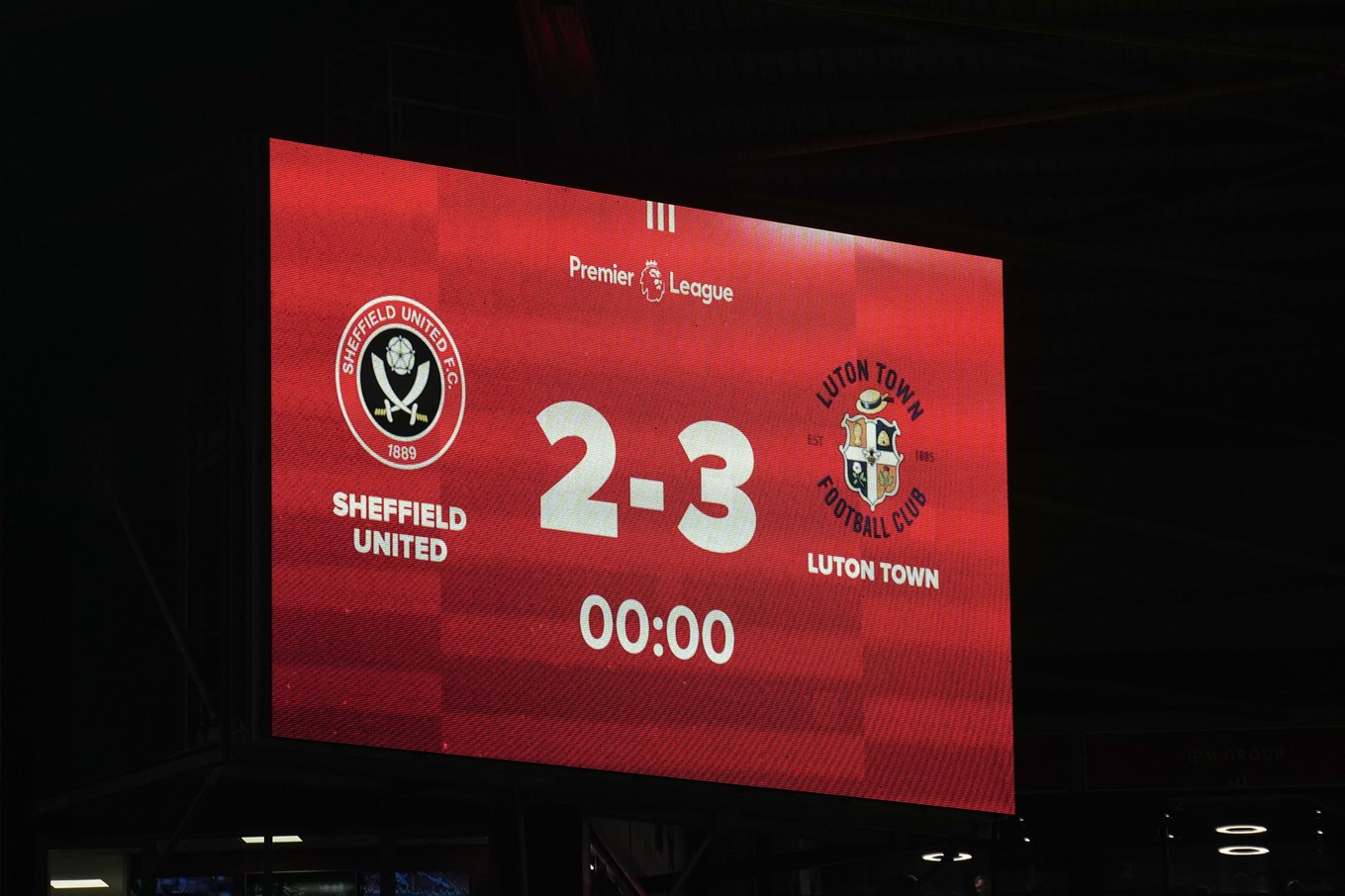 The Bramall Lane scoreboard which reads Sheffield United 2-3 Luton Town at full-time on Boxing Day.