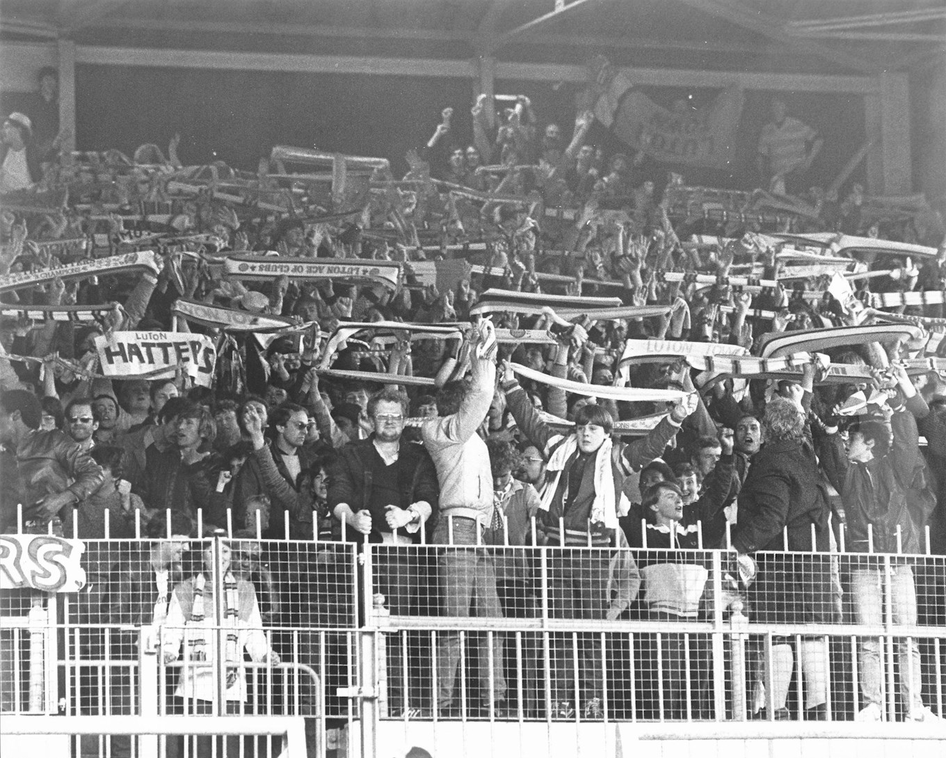 Hatters fans celebrate the 1-0 Raddy Antic-inspired victory at Maine Road in 1983