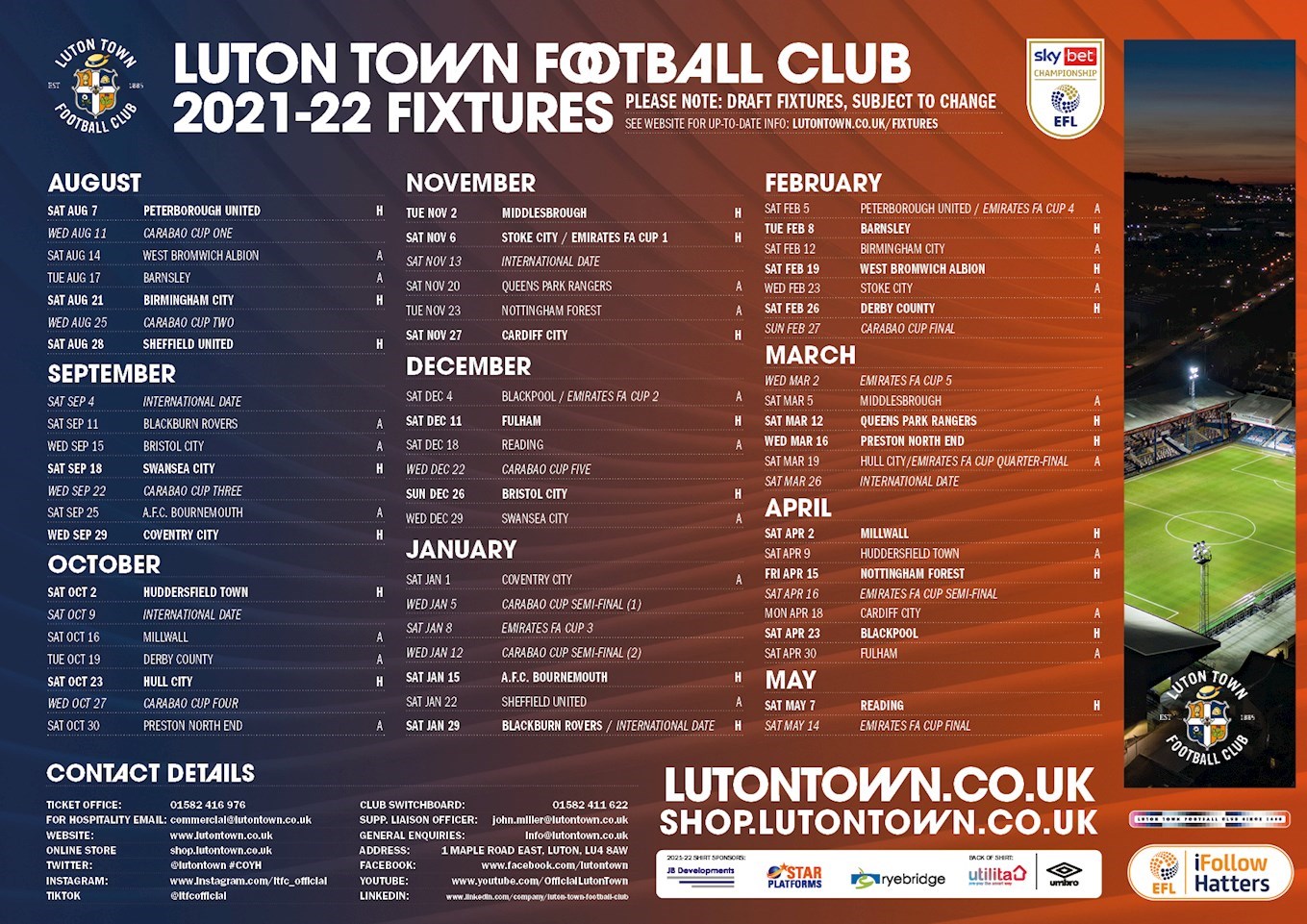 Luton Town 2021-22 Sky Bet Championship fixtures, News
