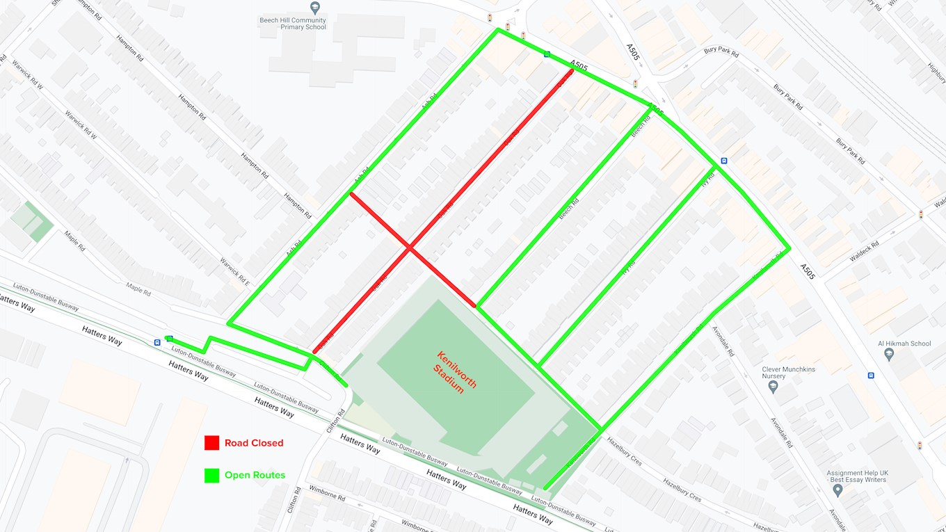 Map showing Oak Road and Beech Path closures with alternative walking routes for Watford match