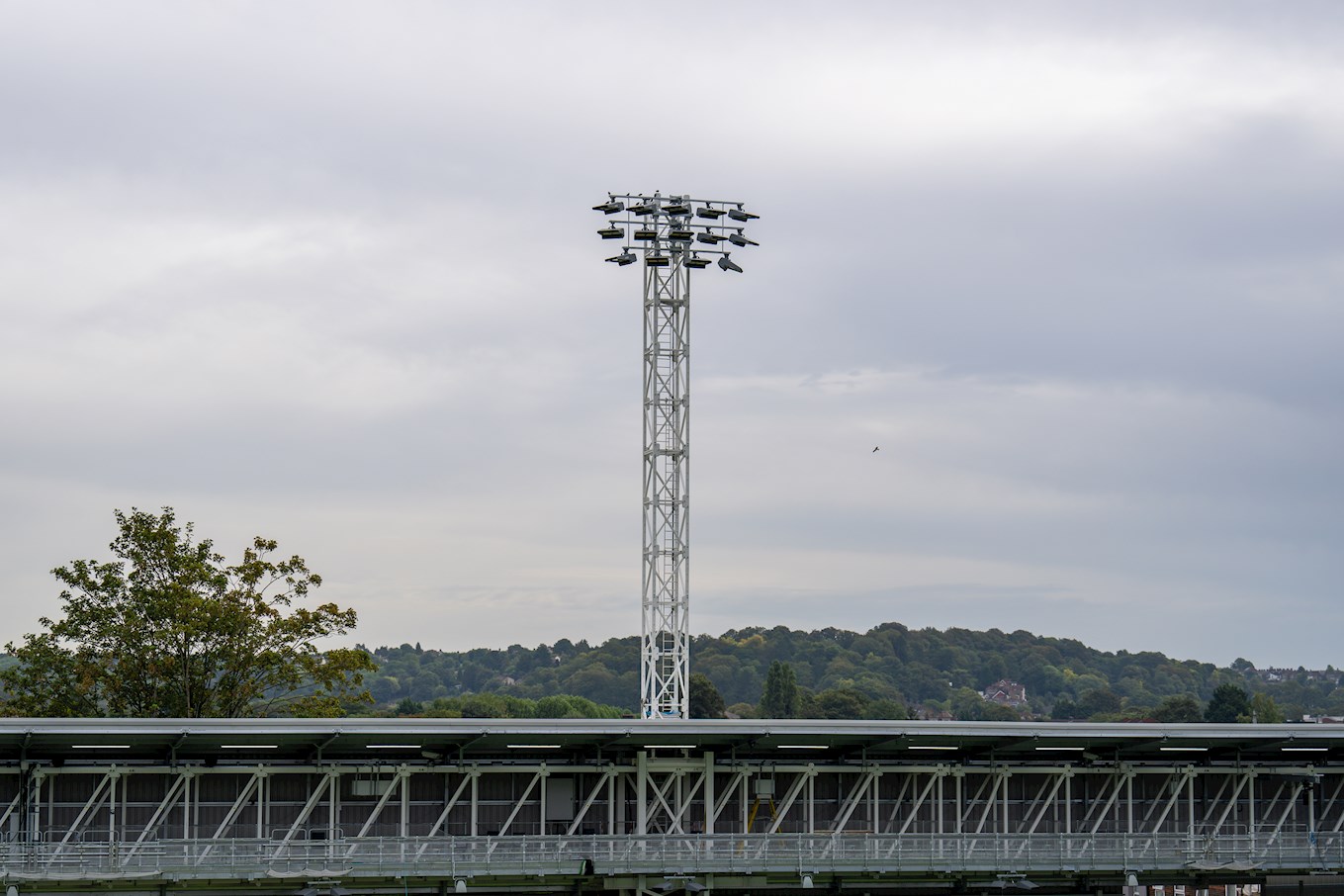 One of the new floodlights above the Bobbers Stand gantry at Kenilworth Road