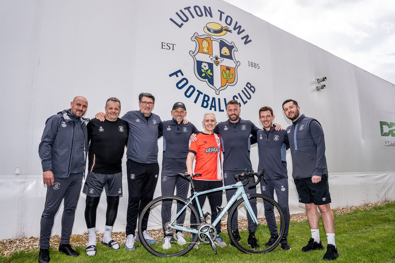 Mark Crowther with manager Rob Edwards and members of the coaching staff on his recent visit to the Luton Town training ground