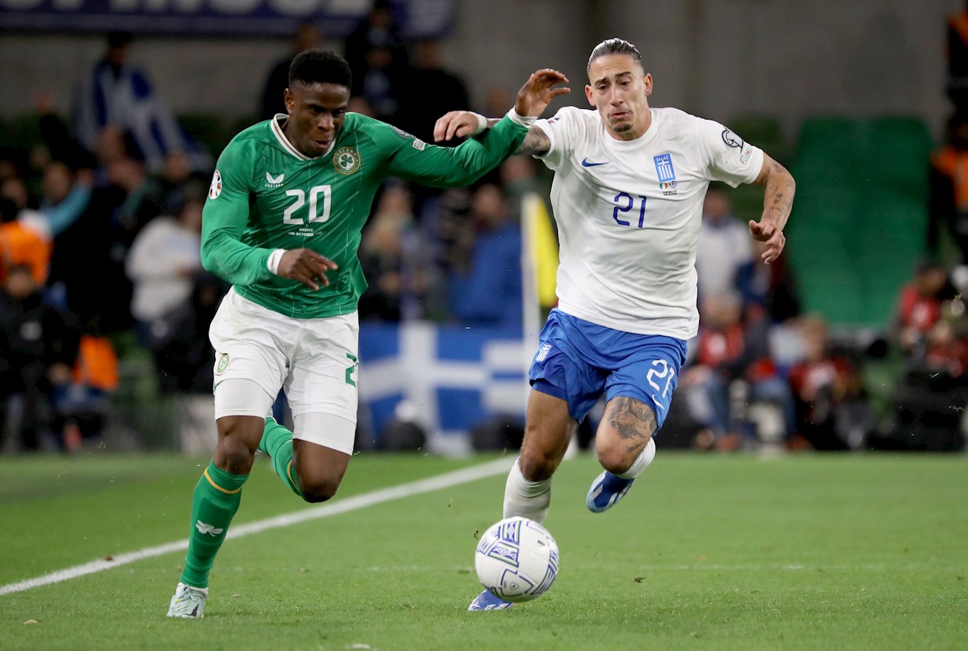 Chieo Ogbene sprinting past Liverpool's Kostas Tsimikas in Republic of Ireland's Euro qualifier defeat against Greece.