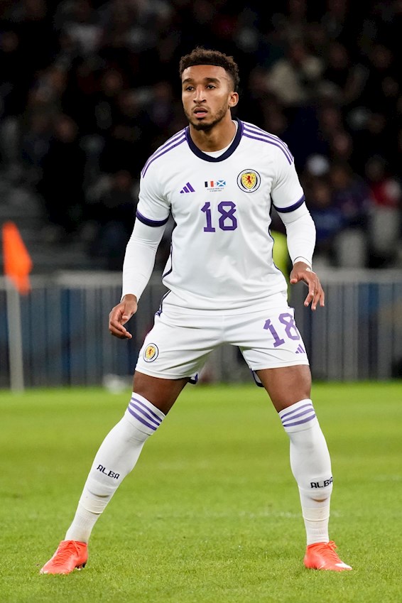Jacob Brown playing in Scotland's friendly defeat against France.