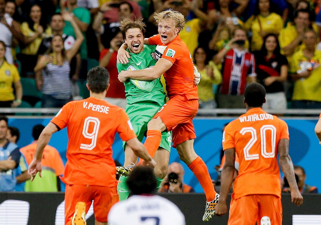 Tim Krul celebrates his 2014 World Cup heroics with his Netherlands team-mates